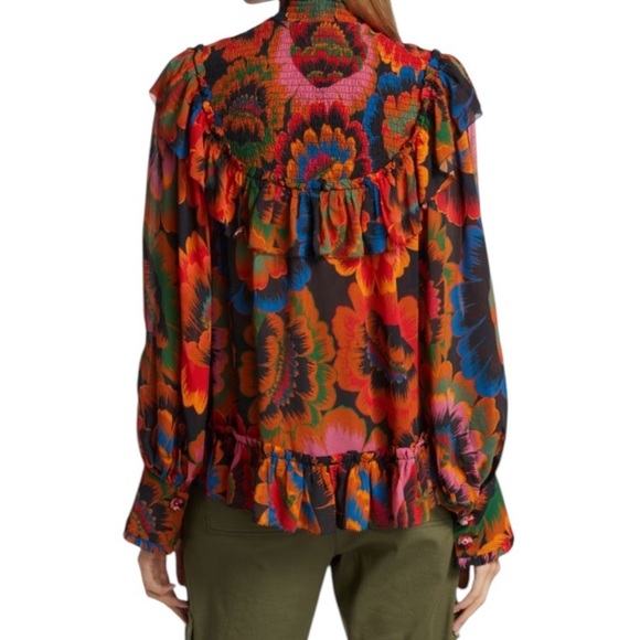 FARM RIO Flowers Smocked Ruffle Detail Floral Blouse Size S - Picture 3 of 12
